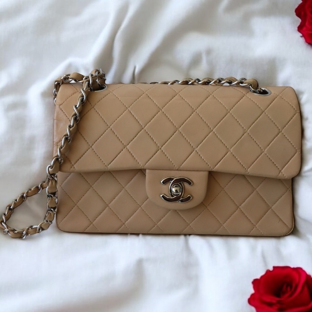 CHANEL Classic Double Flap Bag Small Vintage Beige Silver Hardware (repainted)